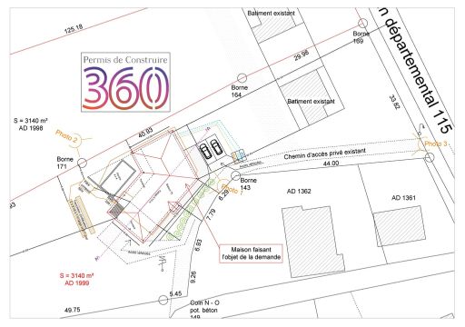 Ce plan détaille les caractéristiques du terrain, y compris l'emplacement des bâtiments existants et des nouvelles structures prévues.