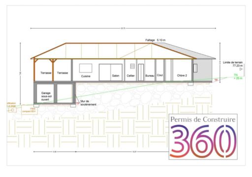 Les coupes transversales de la maison permettent de visualiser l’agencement des différentes pièces et niveaux.