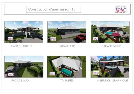 Un résumé des différentes vues de la construction, incluant toutes les façades et la toiture pour une vision complète.