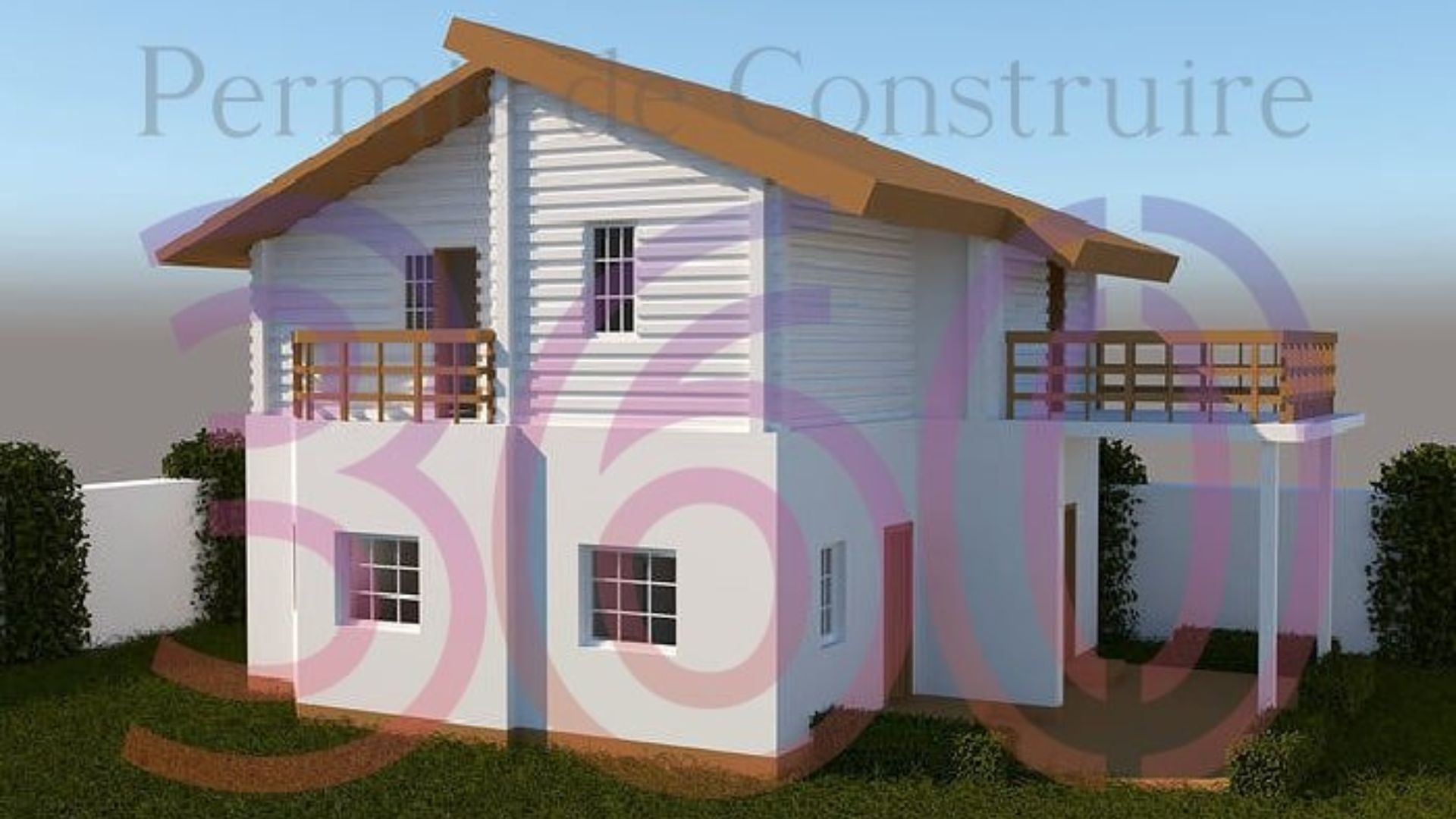 Maison à deux étages avec balcons en bois et toit incliné – Projet de permis de construire résidentiel.