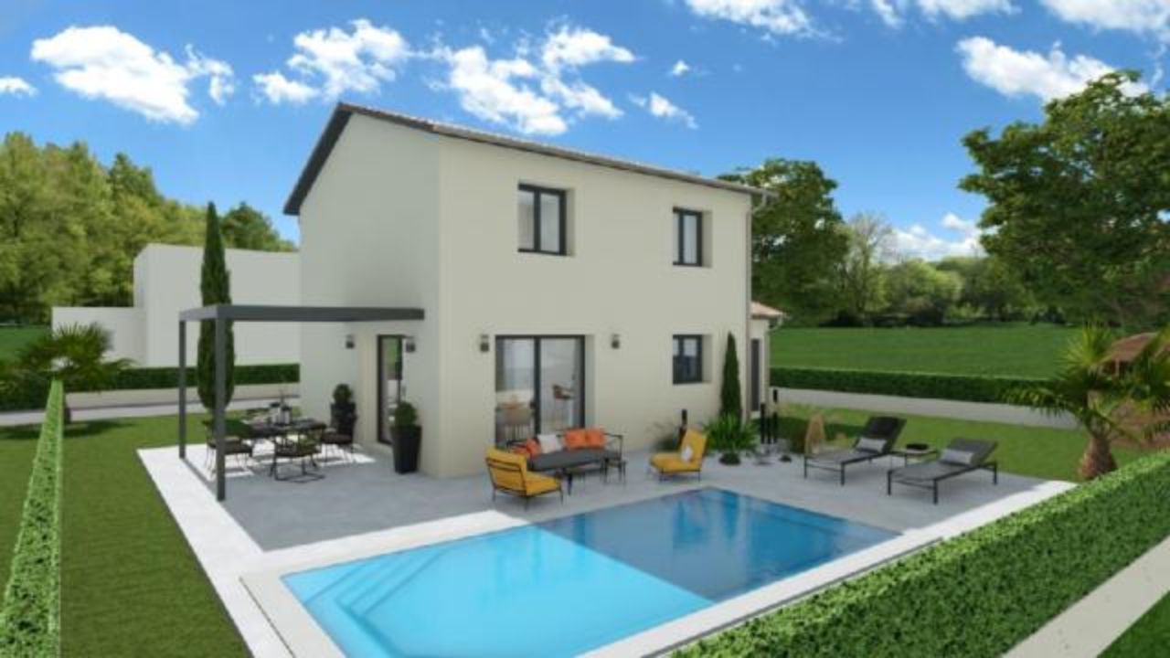 Conception moderne d'une maison à deux étages avec piscine située dans la région Auvergne-Rhône-Alpes, offrant un espace extérieur confortable avec terrasse et mobilier.