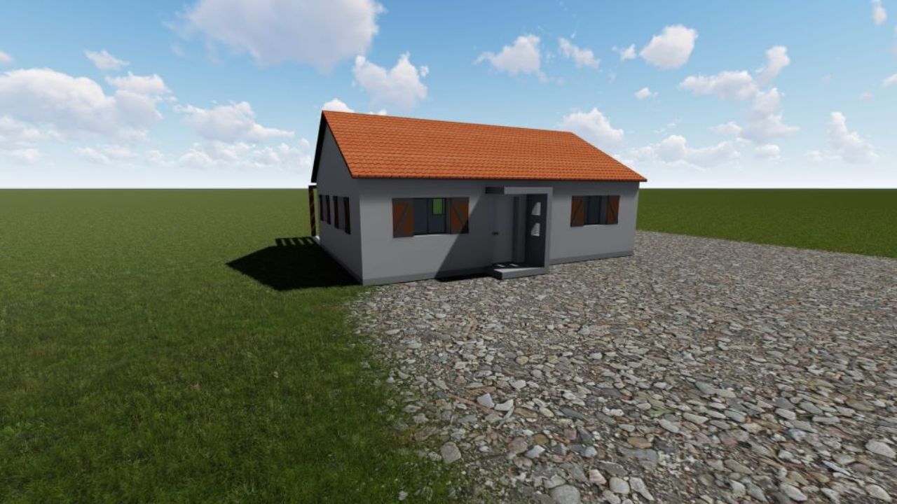 Maison de plain-pied située en Île-de-France, avec une toiture en tuiles rouges et des volets en bois, entourée d'un grand terrain verdoyant et une allée en pavés.